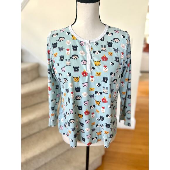 Roller Rabbit Women's Blue Farm Animal Print Long Sleeve Henley Pajama Top - Picture 1 of 5